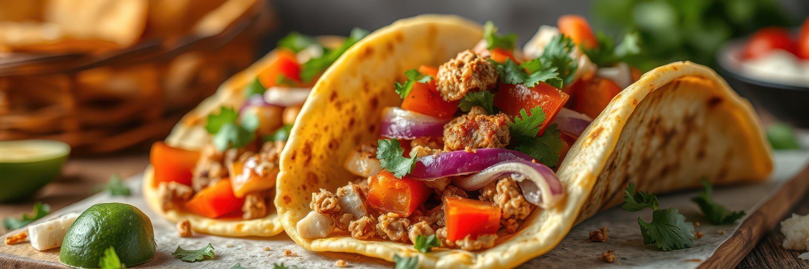 Delicious tacos filled with seasoned meat, fresh vegetables, and herbs on a rustic wooden table